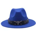 Sombrero fieltro fedora azul con cinta cuero negro y dije cabeza toro estilo western. - M (56-58cm) / Azul zafiro