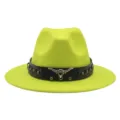 Sombrero fedora verde neón con banda de cuero con toro, ala plana ancha para hombres y mujeres. - M (56-58cm) / Amarillo Neón