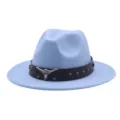 Chapeau fedora bleu clair homme femme western cowboy jazz avec bande cuir tete de taureau. - M (56-58cm) / Bleu ciel