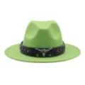 Sombrero fedora de vaquero occidental verde con banda de cuero negro y cabeza de toro metal - M (56-58cm) / Verde Hierba