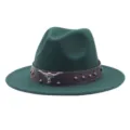 Chapeau fedora en laine vert foncé pour homme et femme avec bande en cuir et tête de taureau. - M (56-58cm) / Vert Foncé