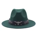 Sombrero fedora de lana verde oscuro con correa de cuero negro y decoración de cabeza de toro. - M (56-58cm) / Verde Oscuro