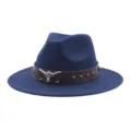 Chapeau fedora en feutre bleu avec ceinture tête de taureau, chapeau jazz ethnique élégant. - M (56-58cm) / Bleu marine