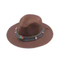 Sombrero fedora de paja marrón estilo bohemio con banda de cuentas coloridas y flecos. - M (56-58cm) / Café