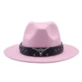Sombrero Fedora Western Rosa con Decoración de Cabeza de Toro Ala Plana Jazz Hombre Mujer Variante - M (56-58cm) / Rosa