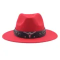 Sombrero fedora fieltro rojo con decoración metal cabeza de toro, ala plana ancha sombrero vaquero. - M (56-58cm) / Rojo