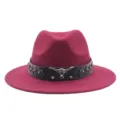 Sombrero fedora de ala plana vaquero de fieltro vintage con calavera de toro de metal jazz - M (56-58cm) / Burdeos
