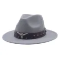 Chapeau fedora en feutre gris avec bande en cuir tete de taureau style western jazz chapeau - M (56-58cm) / Gris clair