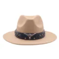 Sombrero de Vaquero Western Clasico Fedora con Cabeza de Toro de Metal y Banda de Cuero - M (56-58cm) / Camel