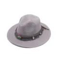 Sombrero fedora de paja gris con banda de flecos de cuentas bohemias, sombrero de sol retro. - M (56-58cm) / Gris