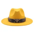 Sombrero de Vaquero Western Amarillo Ala Plana Fedora Jazz con Acento Cabeza de Toro - M (56-58cm) / Amarillo