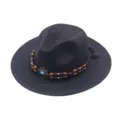Damen Sommer Strohhut Fedora in Schwarz mit Holzperlen Dekor für Strand und Sonnenschutz. - M (56-58cm) / Schwarz