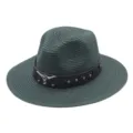 Détails du chapeau de paille western vert foncé avec bande en cuir et tête de taureau. - M (56-58cm) / Vert Foncé