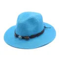 Chapeau de soleil en paille bleu avec ceinture en cuir perles pour femmes hommes été voyage plage - M (56-58cm) / Bleu lac