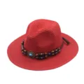 Roter gewebter Strohhut für Damen Sommer Strand Sonnenschutz Jazz Fedora mit Perlen - M (56-58cm) / Rot