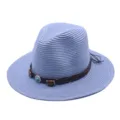 Chapeau fedora en paille d'été unisexe, large bord protection solaire avec bande en cuir. - M (56-58cm) / Bleu