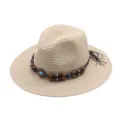 Beige Strohhut Fedora für Damen mit Holzperlenband und Fransen, Sommer Strand Sonnenhut. - M (56-58cm) / Beige