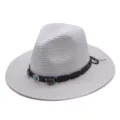 Chapeau de paille d'ete avec bande en cuir perlee, grand fedora bord pour voyage. - M (56-58cm) / Blanc