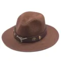 Chapeau de cowboy tissé marron avec bande en cuir et crâne de taureau, chapeau d'été. - M (56-58cm) / Café