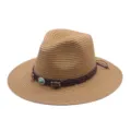 Chapeau de Paille Été Femme Homme Chapeau de Soleil Bord Large Voyage Extérieur Fedora - M (56-58cm) / Kaki