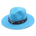 Chapeau de jazz en paille bleue pour protection solaire d'été, élégant chapeau de cowboy de voyage. - M (56-58cm) / Bleu lac