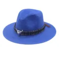 Stylish blue woven straw fedora hat with ethnic band and metal bull skull decor for summer. - M (56-58cm) / Sapphire Blue