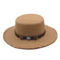 Detailed view of the flat top straw hat featuring a brown leather band and turquoise bead. - M (56-58cm) / Khaki