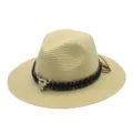 Summer straw fedora hat with tribal band metal bull skull decor beach sun hat unisex beige - M (56-58cm) / Beige