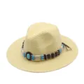 Chapeau de paille cowboy avec perles turquoise, large bord protection solaire. - M (56-58cm) / Light jaune