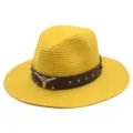 Unisex summer straw sun hat with leather band and metal bull decor for outdoor beach use. - M (56-58cm) / Yellow