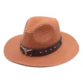 Close-up detail of the woven straw hat, brown leather band with metal studs and bull skull. - M (56-58cm) / Caramel color