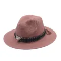 Women's summer straw fedora hat ethnic tribal band western cowboy beach sun hat - M (56-58cm) / Dusty Pink
