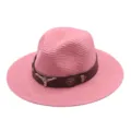 Chapeau de cowboy en paille rose avec bande en cuir et décoration de crâne de taureau jazz. - M (56-58cm) / Rose Foncé