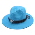 Blue straw fedora hat for summer beach, stylish ethnic ribbon band and metal bull skull decor. - M (56-58cm) / Lake Blue