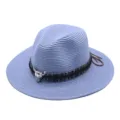 Light blue straw fedora hat with ethnic band and metal bull skull decor for summer beach. - M (56-58cm) / Sky Blue