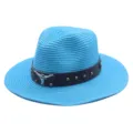 Blue straw fedora detail showing dark leather band, metal studs and silver bull skull accent. - M (56-58cm) / Lake Blue