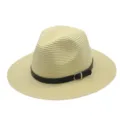 Chapeau de paille beige classique avec bande en cuir noir pour les activités estivales. - M (56-58cm) / Jaune Beige