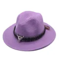 Purple fedora straw hat with ethnic band and bull skull detail, summer sun protection beach cap. - M (56-58cm) / Purple