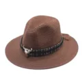 Brown straw cowboy hat with ethnic pattern band and metal bull skull decor sun beach hat. - M (56-58cm) / Coffee