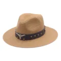 Detailed view of the stylish summer straw hat with leather band and metal bull skull decor. - M (56-58cm) / Khaki
