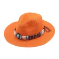 Chapeau de paille cowboy orange avec bande de perles, chapeau de soleil à large bord. - M (56-58cm) / Orange