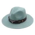 Chapeau de paille vert menthe élégant avec bande en cuir marron et crâne de taureau. - M (56-58cm) / Cyan