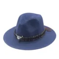 Blue straw fedora hat for summer beach sun protection with ethnic tribal band and metal bull skull decor. - M (56-58cm) / Navy Blue