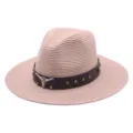 Detailed view of the pink straw fedora hat featuring a brown leather belt with metal bull skull decoration. - M (56-58cm) / Dusty Pink