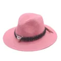 Pink straw fedora hat with ethnic band and metal bull skull decoration, ideal for summer. - M (56-58cm) / Dark Skin Red