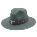 Green straw fedora hat with brown leather band and metal bull skull decor for summer outdoor. - M (56-58cm) / Dark Green