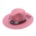Cappello da sole in paglia rosa con fascia di perline boho, cappello da spiaggia estivo. - M（56-58cm） / Rosa Profondo