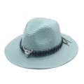 Light blue straw fedora hat with ethnic band and metal bull skull, sun protection summer beach. - M (56-58cm) / Teal