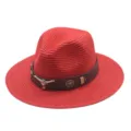 Chapeau de cowboy en paille rouge avec ceinture marron et crâne de taureau, chapeau d'été stylé. - M (56-58cm) / Rouge