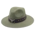 Unisex straw sun hat western cowgirl cowboy hat with leather band and metal bull skull decor - M (56-58cm) / Army Green